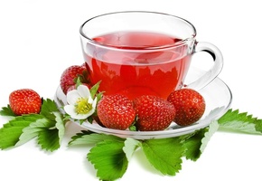 листочки, ягода, чашка, tea, блюдце, клубника, strawberry, Чай