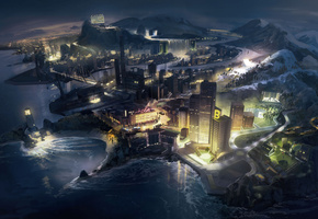 Арт, горы, гавань, маяк, море, korpi, ночь, город