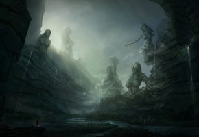 ущелье, Арт, девушка, пейзаж, статуя, blinck, каньон