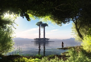 природа, деревья, девушка, Арт, листва, озеро, листья