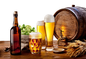 краник, бутылка, пена, кружка, пиво, стаканы, Бочонок