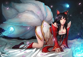 League of legends, чёрные волосы, девушка, ahri, уши животного