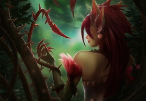 растения, zyra, League of legends, спиной, шипы, уши, девушка
