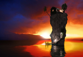 Вечер, рендер, скала, дом, 3d, океан