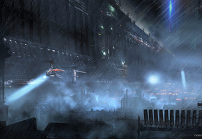 огни, будущее, летательный аппарат, дождь, Город