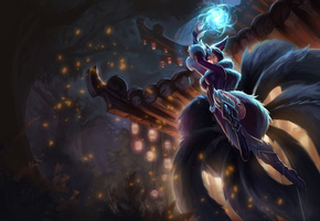 ahri, knockwurst, ночь, девушка, магия, league of legends, midnight, Арт