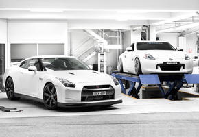тюнинг, белый, gt-r, гараж, 370z, Nissan, ниссан, два, подъёмник