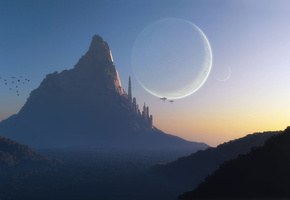 корабли, Арт, город, фантастика, гора, скала, башни