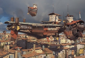 тучи, Арт, летучие, ian mcque, город, корабли, в небе, дома