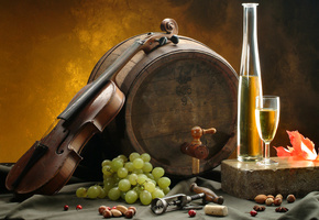 орехи, белое, Бочка, вино, лист, виноград, бокал, штопор