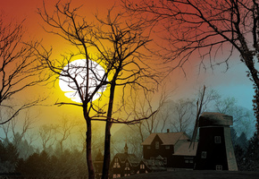 вечер, дома, закат, Деревня, небо, деревья