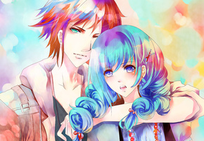 Арт, aiki-ame, девушка, синие волосы, пара, парень
