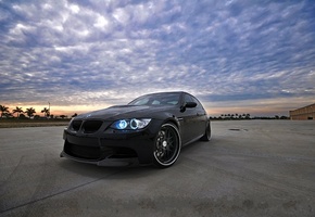 Bmw, облака, чёрный, sky, black, m3, небо, e90, бмв, пальмы, sunset