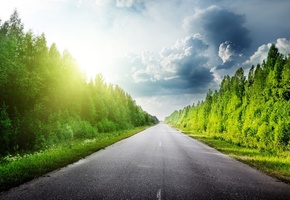 лес, Природа, облака, тучи, небо, асфальт, дорога