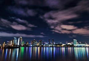 reflection, downtown, san diego, ocean, lights, california, night, Usa, buildings, sky, clouds