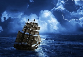 creepy, , landscape, night, clouds, sea, nature, корабль-призрак, thunder, Ghost ship