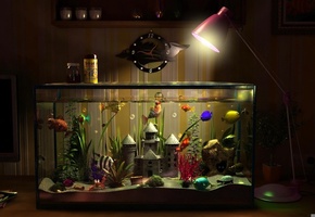 рыбки, замок, часы, Аквариум, лампа