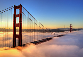 Город, туман, золотые ворота, сан-фрациско, утро, мост