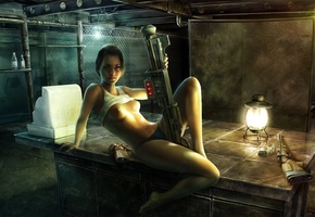 револьвер, Fallout 3, вентовка, стол, fan art, девушка, касса