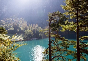 лес, лучи, Горы, природа, солнце, озеро