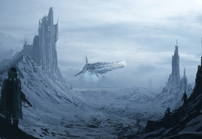 башни, фантастика, Арт, человек, снег, корабль, горы