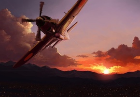 город, в небе, закат, огни, самолет, Арт