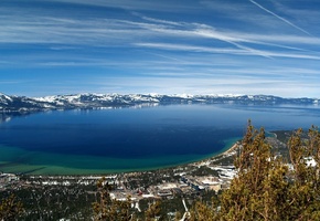 деревья, небо, снег, Пейзаж, горы, море, облака, природа