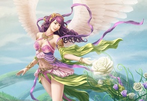 крылья, лента, david villegas, ангел, Арт, цветы, девушка, розы