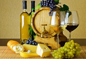 Стол, бутылки, красное, бочонок, кран, бокалы, вино