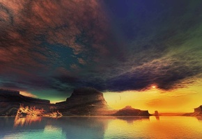 облака, скалы, озеро, закат, lightdrop, Арт