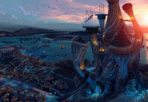 lelek1980, дома, morrowind, корабли, Арт, башня, город, река