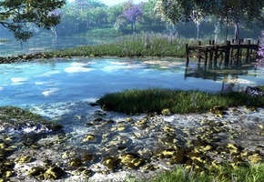 камни, klontak, трава, лес, природа, Арт, река, причал