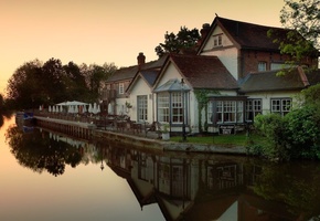 река, лодка, дома, паб, закат, отражение, вечер, Hertfordshire