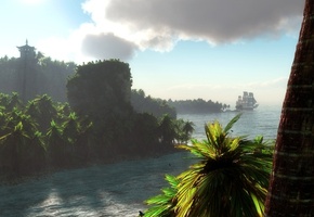 река, парусник, klontak, пальмы, Арт, пейзаж, ствол, корабль