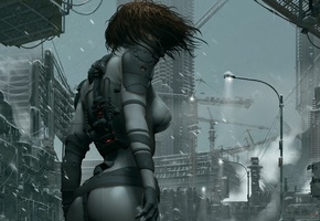 Арт, зима, спиной, город, будущее, снег, холод, девушка