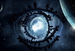 энергия, корабли, сооружение, Арт, планета, космос