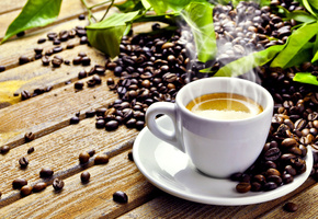 дымок, кофе, чашка, блюдце, листья, пенка, зёрна, Стол