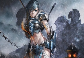 фэнтези, оружие, дождь, monkey, Арт, девушка, капли, меч