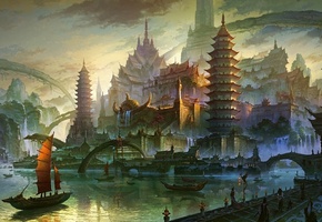 мост, корабли, Арт, город, река, азия, парусник, море