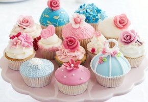 цветы, Кексы, сердечко, формы, десерт, крем