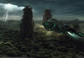 корабль, полет, Арт, деревья, jieanu dragos, транспорт, молния