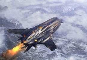 горы, Арт, в небе, корабль, фантастика, облака, полет