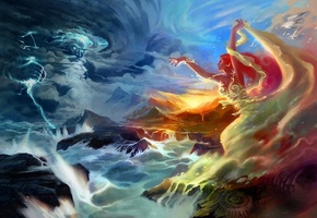 молния, горы, чайки, море, буря, боги, Арт, девушка, jian guo