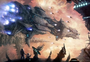 туманность, moonxels, люди, Арт, город, космос, корабли