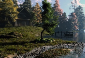 река, пейзаж, деревья, камни, лодка, дом, klontak, Арт