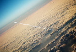 Небо, самолет, след, высота, облака