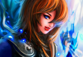 нож, Арт, ухмылка, челка, rikamello, девушка, броня, волосы