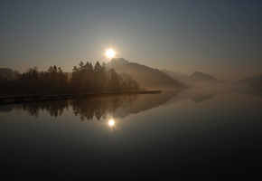 озеро, отражение, пирс, Причал, холмы, гладь, пристань