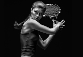 майка, Чб, ракетка, теннис, девушка, взгляд, коса