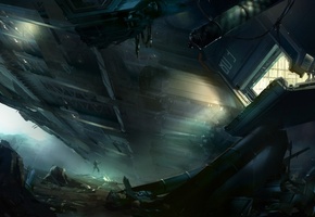 Арт, космический корабль, люди, скалы, высадка